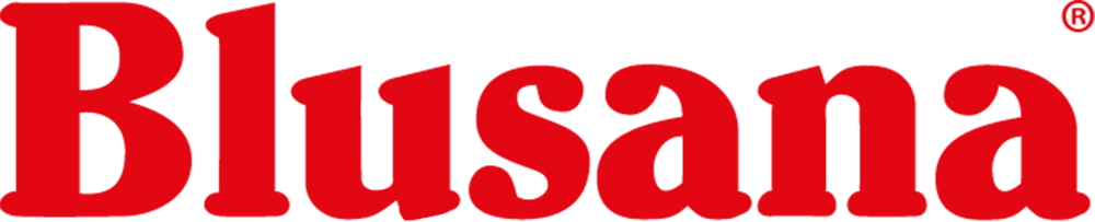 Logo, ein Wort mit roten Buchstaben Blusana